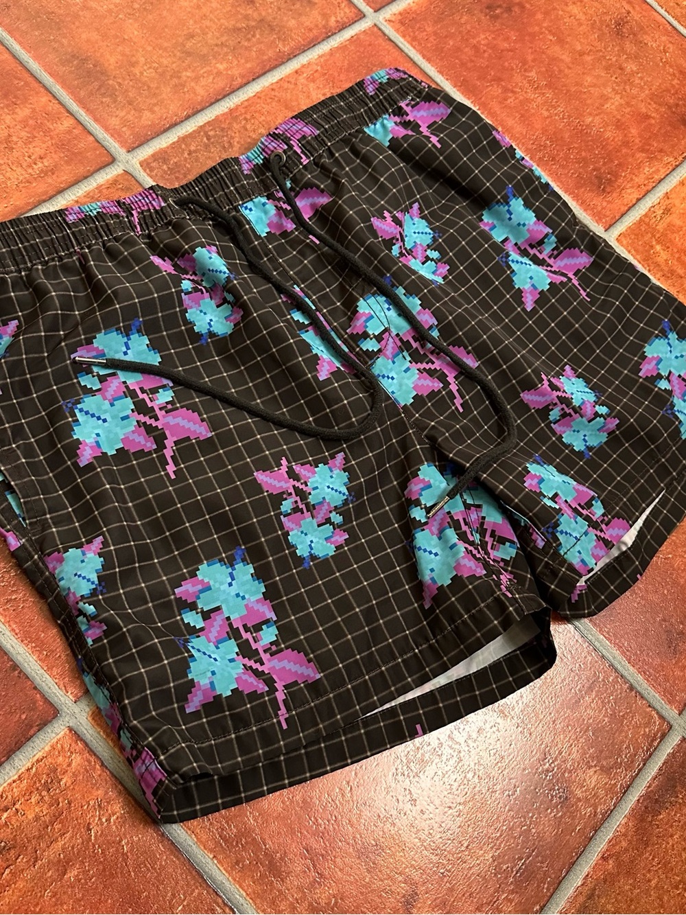 Ksubi Black Pixelated Swim Shorts with Teal & Purple Pixel Accents